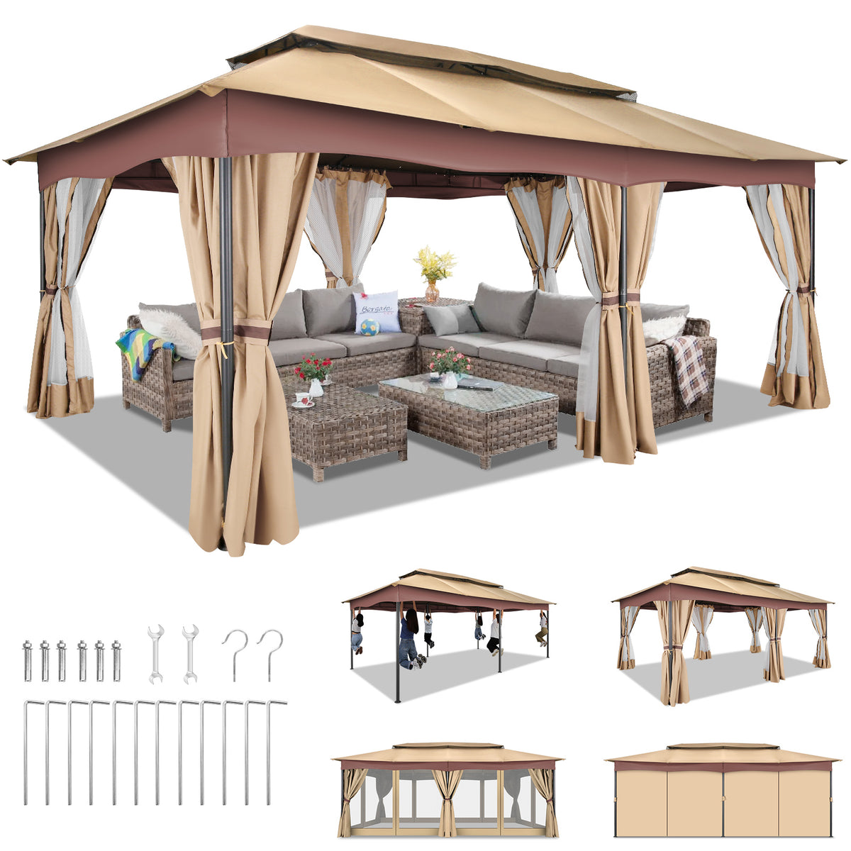 COBIZI Outdoor Gazebo 12x20 Patio Gazebo with Netting and Curtains Waterproof Gazebo with Double Roof Large Backyard Gazebo with Metal Steel Frame for Deck, Backyard, Lawn, Party, Garden, Khaki