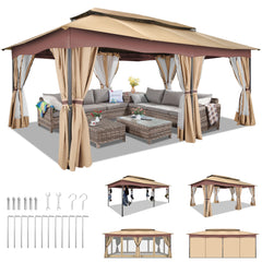 COBIZI Outdoor Gazebo 12x20 Patio Gazebo with Netting and Curtains Waterproof Gazebo with Double Roof Large Backyard Gazebo with Metal Steel Frame for Deck, Backyard, Lawn, Party, Garden, Khaki