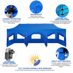 YUEBO 10'x30' Canopy Heavy Duty Pop Up Canopy Tent Outdoor Gazebo Shelter Waterproof Instant Commercial Tent with 8 Removable Sidewalls & 8 Sandbags & Roller Bag, Blue