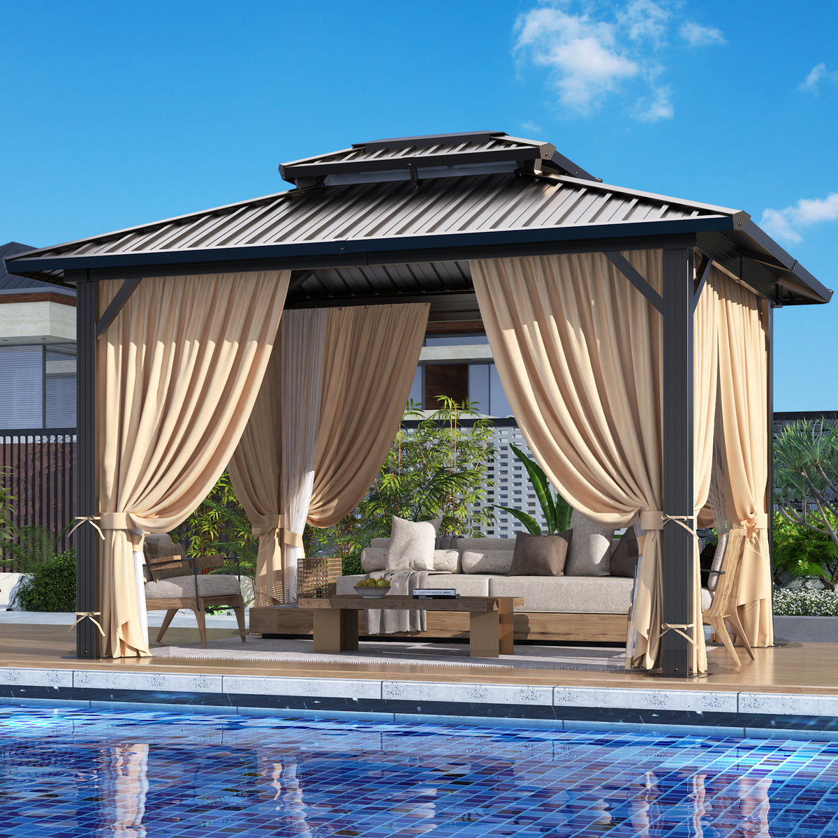 HOTEEL 10'x15' Hardtop Gazebo, Outdoor Steel Double Galvanized Roof Canopy, Aluminum Frame Permanent Pavilion Metal Gazebo with Curtains and Nettings, Sunshade for Patios, Gardens, Lawns, Brown