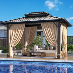 HOTEEL 10'x15' Hardtop Gazebo, Outdoor Steel Double Galvanized Roof Canopy, Aluminum Frame Permanent Pavilion Metal Gazebo with Curtains and Nettings, Sunshade for Patios, Gardens, Lawns, Brown