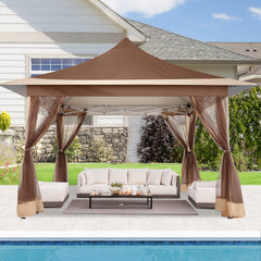 HOTEEL 12x12 Outdoor Waterproof Gazebo, Pop Up Canopy Tent with Adjustable Height, UV Protection & Mosquito Net, Ideal for Parties, Camping, Weddings, and Backyard Events,Brown