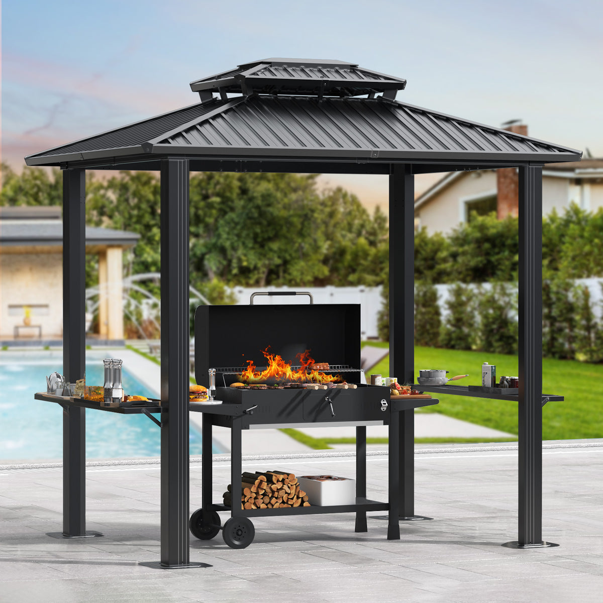 HOTEEL 6x8 FT Hardtop Grill Gazebo with Vented Double Roof, Galvanized Steel Sun & Rain Shelter, Rust-Resistant Aluminum BBQ Gazebo for Outdoor Cooking, Patio, Backyard (Dark Brown)