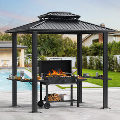 HOTEEL 6x8 FT Hardtop Grill Gazebo with Vented Double Roof, Galvanized Steel Sun & Rain Shelter, Rust-Resistant Aluminum BBQ Gazebo for Outdoor Cooking, Patio, Backyard (Dark Brown)