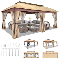 COBIZI Outdoor Gazebo 12x20 Patio Gazebo with Netting and Curtains Waterproof Gazebo with Double Roof Large Backyard Gazebo with Metal Steel Frame for Deck, Backyard, Lawn, Party, Garden, Khaki