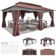 COBIZI Outdoor Gazebo 12x20 Patio Gazebo with Netting and Curtains Waterproof Gazebo with Double Roof Large Backyard Gazebo with Metal Steel Frame for Deck, Backyard, Lawn, Party, Garden, Khaki