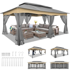 COBIZI Outdoor Gazebo 12x20 Patio Gazebo with Netting and Curtains Waterproof Gazebo with Double Roof Large Backyard Gazebo with Metal Steel Frame for Deck, Backyard, Lawn, Party, Garden, Khaki