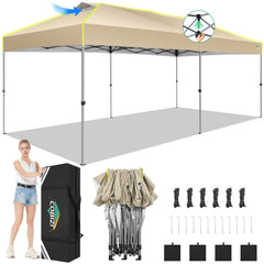 10x20 Pop up Canopy Tent Easy up Canopy for Outside Instant Portable Waterproof Party Canopy Tent for Summer Beach Garden Party Camping Outside with Air Vent,Reflective Strip,4 Sandbags