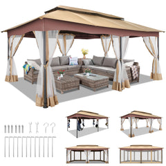 COBIZI Outdoor Gazebo 12x20 Patio Gazebo with Netting and Curtains Waterproof Gazebo with Double Roof Large Backyard Gazebo with Metal Steel Frame for Deck, Backyard, Lawn, Party, Garden, Khaki