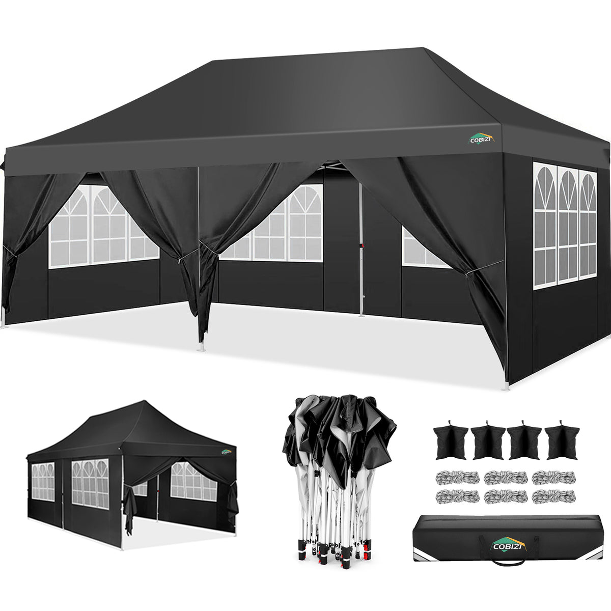 COBIZI 10'x20' Pop up Canopy Tent with 6 Removable Sidewalls, Instant Outdoor Canopy Shelter with Upgrade Raised Roof and Carry Bag