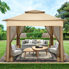 COBIZI 12x12 Outdoor Gazebo Pop Up Gazebo Canopy with Mosquito Netting Patio Tent Backyard Canopy with 2-Tiered Vented Top 3 Adjustable Height, Beige