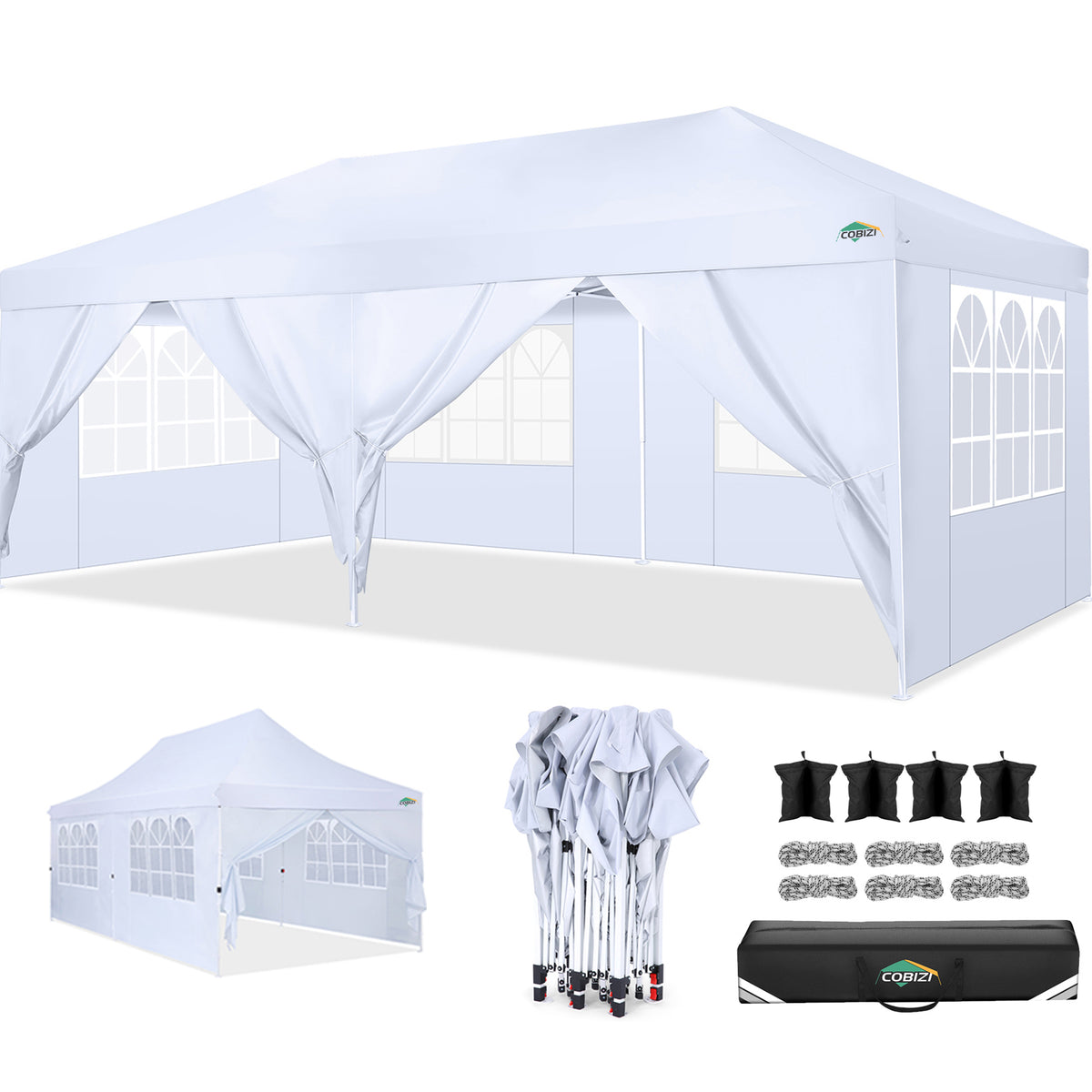 COBIZI 10x20 Pop Up Canopy Tent with 6 Removable Sidewalls,Easy Up Commercial Canopy with Upgrade Raised Roof,Waterproof and UV50+ Gazebo with Carry Bag