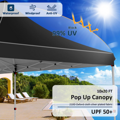 COBIZI 10x20 Pop Up Canopy Tent with 6 Removable Sidewalls, Easy Up Commercial Canopy with Upgrade Raised Roof, Waterproof and UV50+ Gazebo with Carry Bag, Black