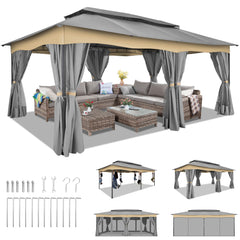 COBIZI Outdoor Gazebo 12x20 Patio Gazebo with Netting and Curtains Waterproof Gazebo with Double Roof Large Backyard Gazebo with Metal Steel Frame for Deck, Backyard, Lawn, Party, Garden, Khaki