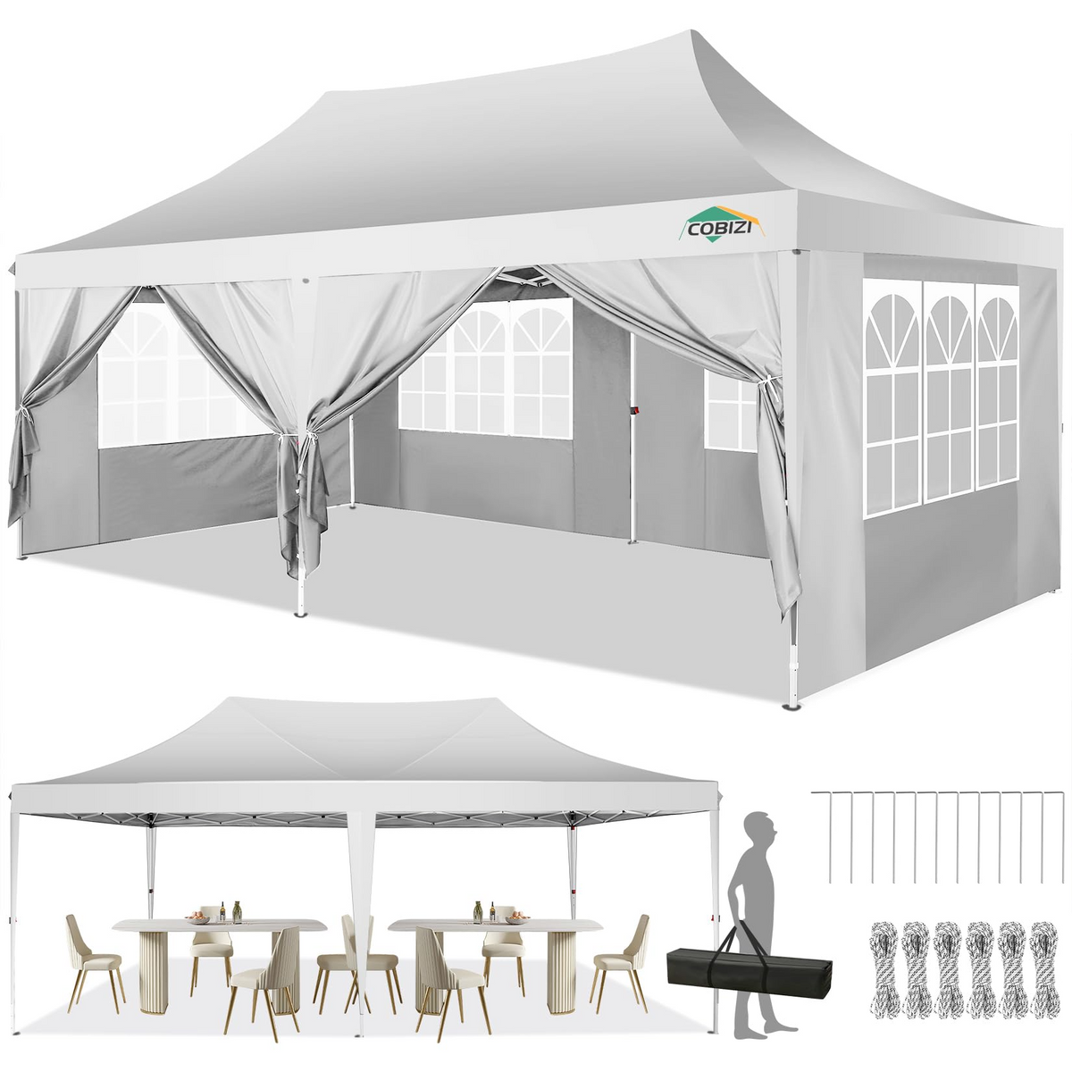 COBIZI 10x20 Pop up Canopy Gazebo, Outdoor Canopy Tent with 6 Removable Sidewalls, Easy up Sun Shade UV Blocking Waterproof Outdoor Tent for Backyard, Parties, Wedding, Birthday, BBQ, White