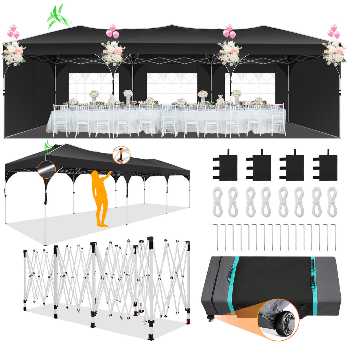 HOTEEL 10x10 / 10x20 / 10x30 Ez Up Pop Up Canopy Tent, Party Tents with One Push Central Button Air Vent, Instant Canopy Tent with Sidewalls & Reflective Strip