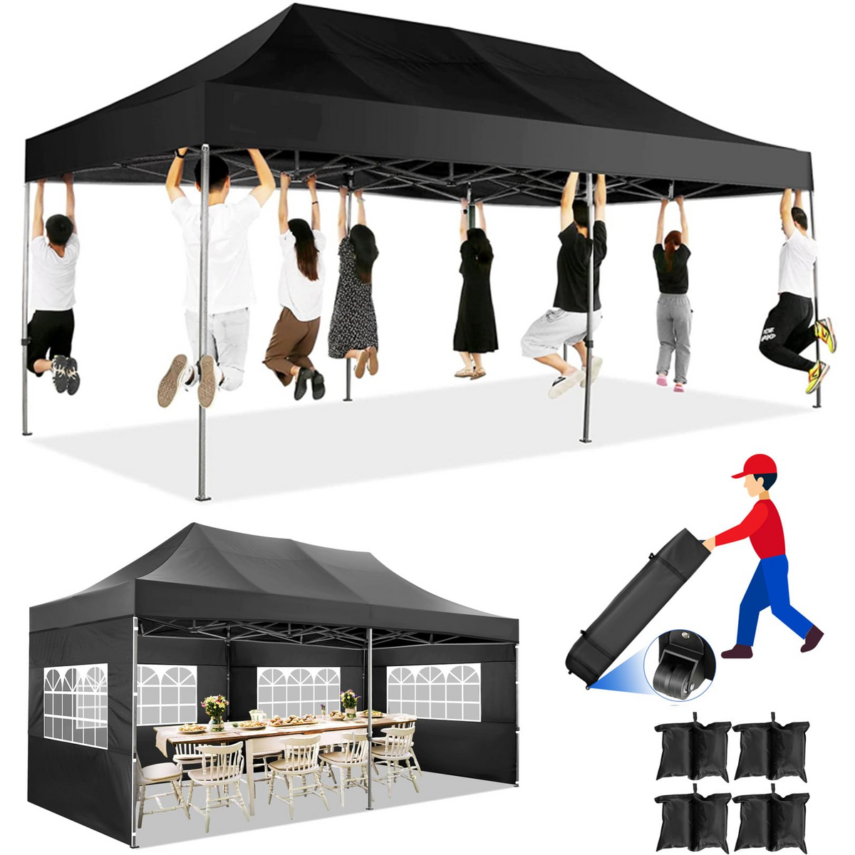COBIZI 10x20 Pop up Canopy with 6 sidewalls Commercial Heavy Duty Canopy UPF 50+ All Weather Waterproof Outdoor Wedding Party Tents Gazebo with Roller Bag, Black