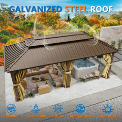 Hoteel 12x20ft Heavy Duty Hard Top Gazebo Galvanized Steel Double-layer Roof, Permanent Design, with Net and Curtain, Aluminum Frame, Suitable for Patio, Backyard, Deck and Lawn