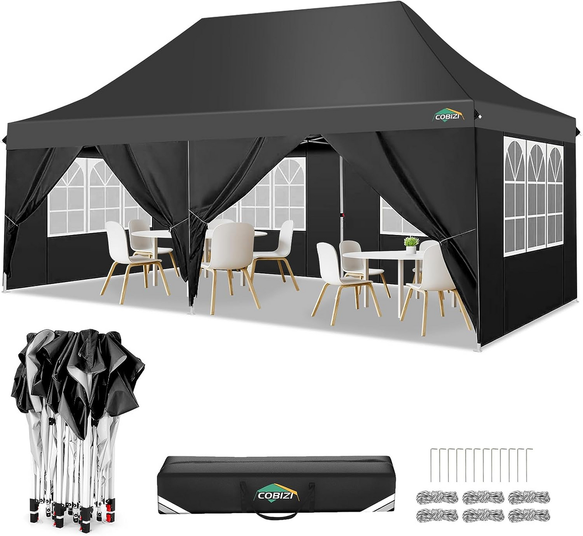 COBIZI 10x20 Pop Up Canopy Tent with 6 Removable Sidewalls, Easy Up Commercial Canopy with Upgrade Raised Roof, Waterproof and UV50+ Gazebo with Carry Bag, Black