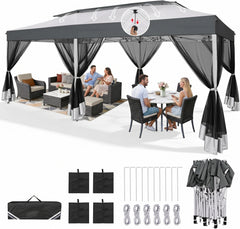 10x20 Pop Up Canopy with Mosquito Netting Sidewalls, One Push Easy Up Gazebo with Dual Vent Roof, Waterproof&UV 50+ Screen Tents for Parties, Backyard, Patio, Commercial Event