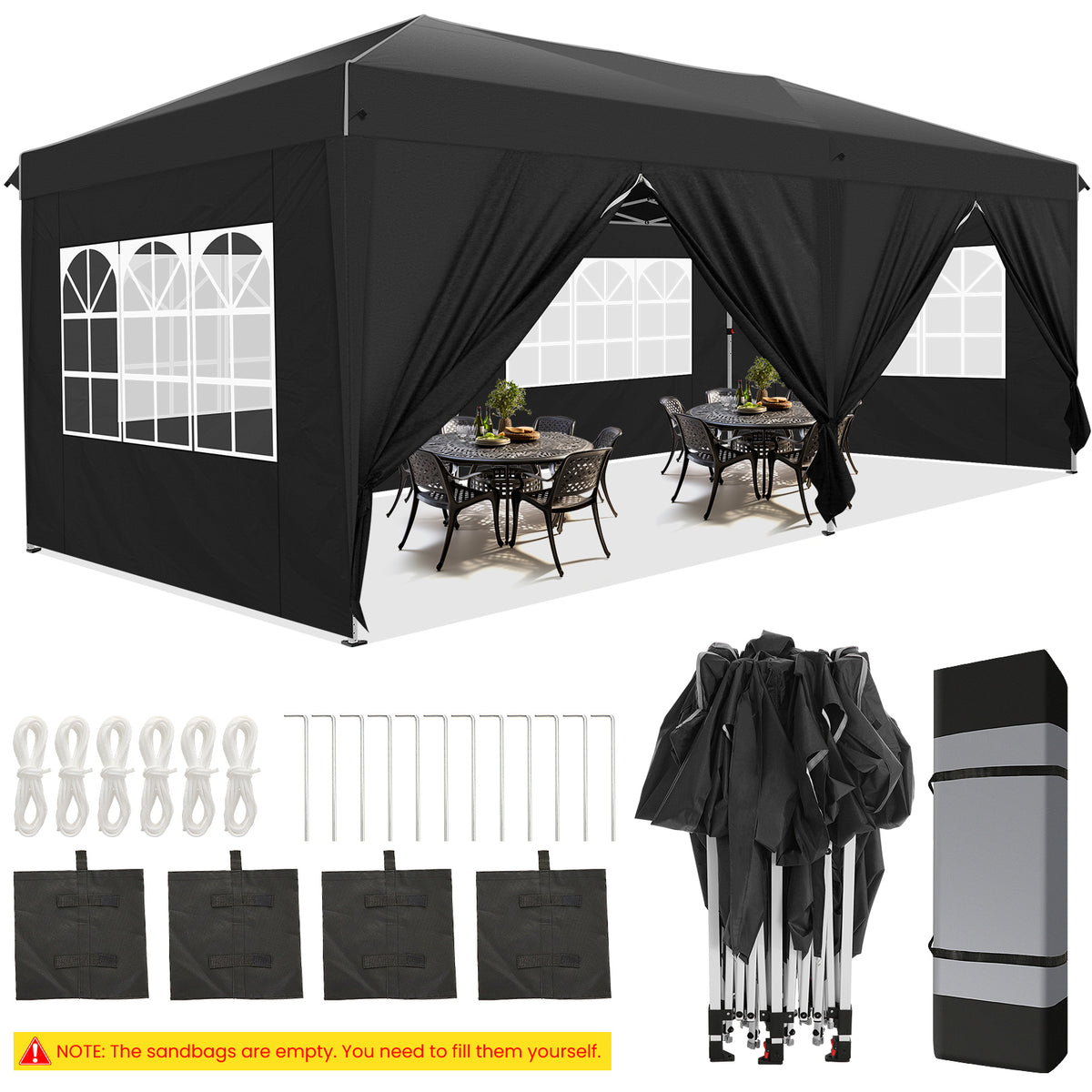 HOTEEL 10x20 Pop Up Canopy with Sidewalls,Easy Up Canopy Tent with Carry Bag,Outdoor Canopies with 4 Sandbags,Large Tents for Outdoor Events,Wedding,Backyard,Commercial,Black