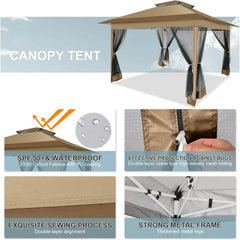 COBIZI 12x12 Outdoor Gazebo Pop Up Gazebo Canopy with Mosquito Netting Patio Tent Backyard Canopy with 2-Tiered Vented Top 3 Adjustable Height, Brown