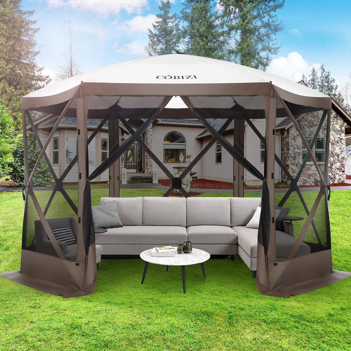 COBIZI 12x12ft Pop Up Canopy Gazebo, Outdoor Canopy Tent Screen House with 6 sidewalls and Netting for Camping, Waterproof, UV Resistant, Ez Set-up Party Tent with Carrying Bag and Ground Stakes,Brown