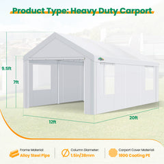 Hoteel 10'x20' Large Heavy Duty Carport Canopy with Roll-up Windows, Portable Outdoor Garage with Removable Sidewalls Car Canopy for Car, Truck, SUV, Boat, Car Canopy with All-Season Tarp, Gray