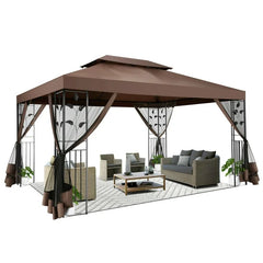COBIZI 10' x 13' Pop Up Gazebo, Screened Patio Gazebo, Outdoor Steel Double Roof Canopy Tent, Metal Frame Canopy with Mosquito Netting, Sunshade for Garden, Lawns, Brown