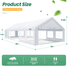 Hoteel 20'x 40' Large Heavy Duty Outdoor Canopy Party Tent with 8 Removable Sidewalls, UV 50+, Waterproof, Wedding Event Shelter Gazebo, Easy to Set up, Big Tent for Birthday Party, BBQ, White