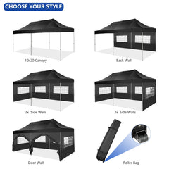 COBIZI 10x20 Pop up Canopy with 6 sidewalls Commercial Heavy Duty Canopy UPF 50+ All Weather Waterproof Outdoor Wedding Party Tents Gazebo with Roller Bag, Black