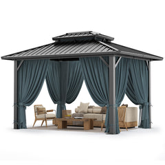 Hoteel 10' X 12' Hardtop Gazebo Heavy Duty Outdoor Gazebo with Galvanized Steel Double Roof, Flame-Retardant Curtains and Netting, Permanent Gazebo for Patio, Lawn and Backyard, Black