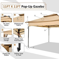 COBIZI Gazebo Canopy Tent, Pop Up Canopy 11x11 Tents for Parties, Outdoor Gazebo with Mosquito Netting and Vented Roof, Screen House for Garden Patio Backyard, Khaki