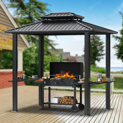 HOTEEL 6x8 FT Hardtop Grill Gazebo with Vented Double Roof, Galvanized Steel Sun & Rain Shelter, Rust-Resistant Aluminum BBQ Gazebo for Outdoor Cooking, Patio, Backyard (Dark Brown)