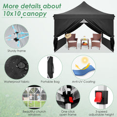 Hoteel 10x10 Pop up Canopy Tent Commercial Instant Canopy with 4 Sidewalls & Sandbags, UPF 50+ All Season Portable Tent for Parties Beach Camping Party Event Shelter Sun Shade