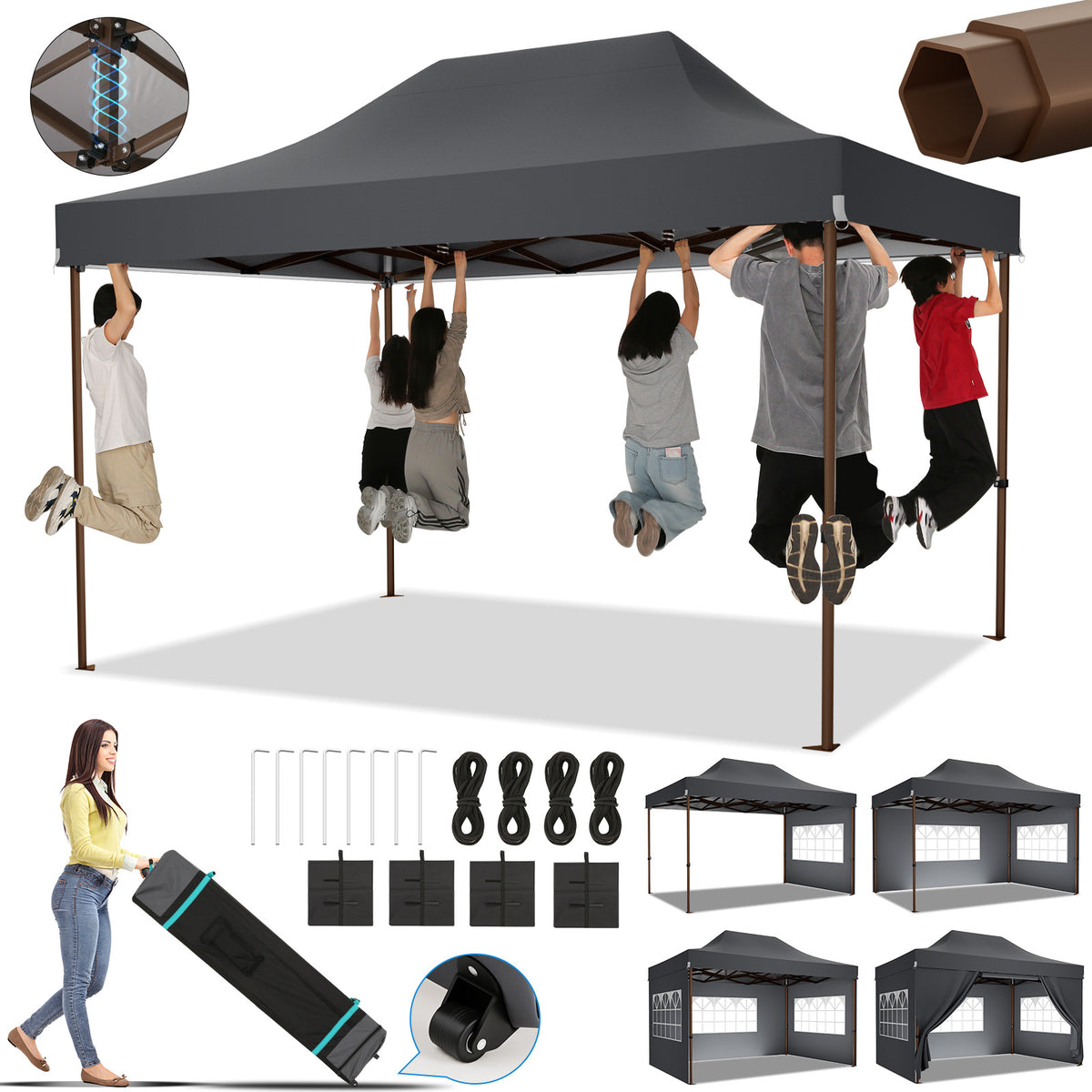 HOTEEL 13x26 Heavy Duty Pop Up Canopy,Instant Outdoor Gazebo with 6 Sidewalls, Commercial Grade Party Tent for Wedding Events, Hexagonal Frame,Black