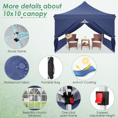 Hoteel 10x10 Pop up Canopy Tent Commercial Instant Canopy with 4 Sidewalls & Sandbags, UPF 50+ All Season Portable Tent for Parties Beach Camping Party Event Shelter Sun Shade