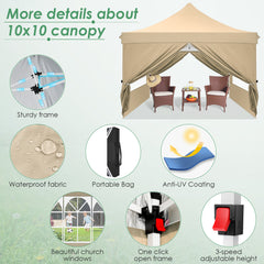 Hoteel 10x10 Pop up Canopy Tent Commercial Instant Canopy with 4 Sidewalls & Sandbags, UPF 50+ All Season Portable Tent for Parties Beach Camping Party Event Shelter Sun Shade