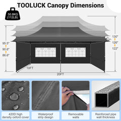 HOTEEL 10X20 ft Canopy with Extended Awning, Heavy Duty EZ Pop up Folding Canopy Tent with Roller Bag, Rainproof&Sunproof Awning Gazebo Shelter for Party Events, Market, Vendor