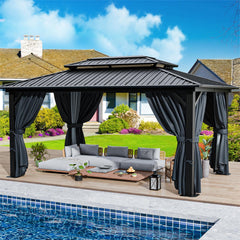 HOTEEL 10'x15' Hardtop Gazebo, Outdoor Steel Double Galvanized Roof Canopy, Aluminum Frame Permanent Pavilion Metal Gazebo with Curtains and Nettings, Sunshade for Patios, Gardens, Lawns, Brown