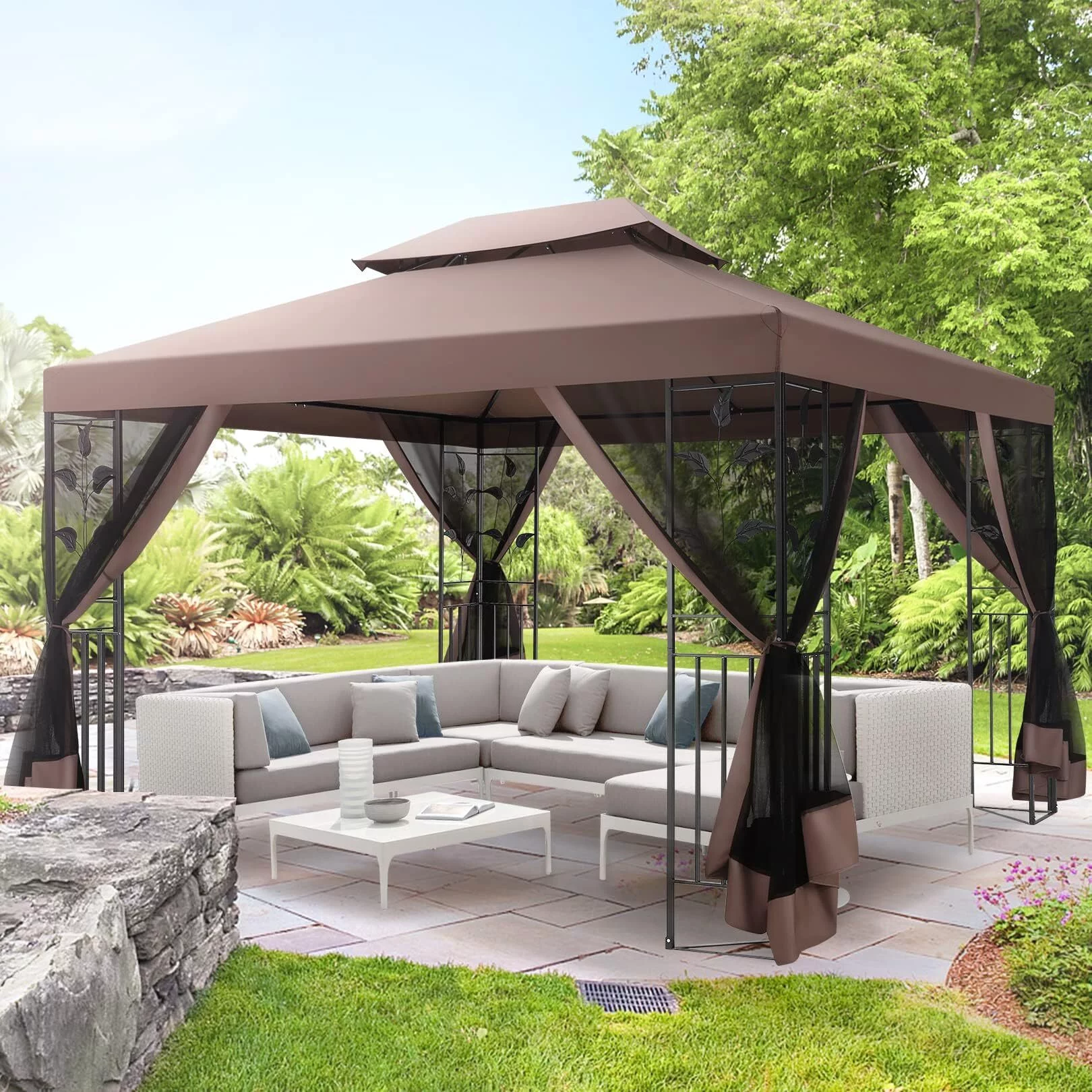thumbnail image 2 of UIRIO 10x13 Ft Outdoor Pergola Gazebo Canopy Cover – Brown Aluminum Frame, Weather Resistant, Retractable 2 of 5