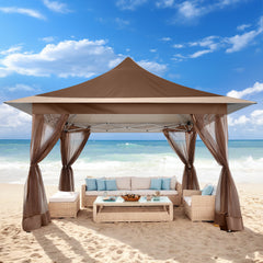 HOTEEL 12x12 Outdoor Waterproof Gazebo, Pop Up Canopy Tent with Adjustable Height, UV Protection & Mosquito Net, Ideal for Parties, Camping, Weddings, and Backyard Events,Brown