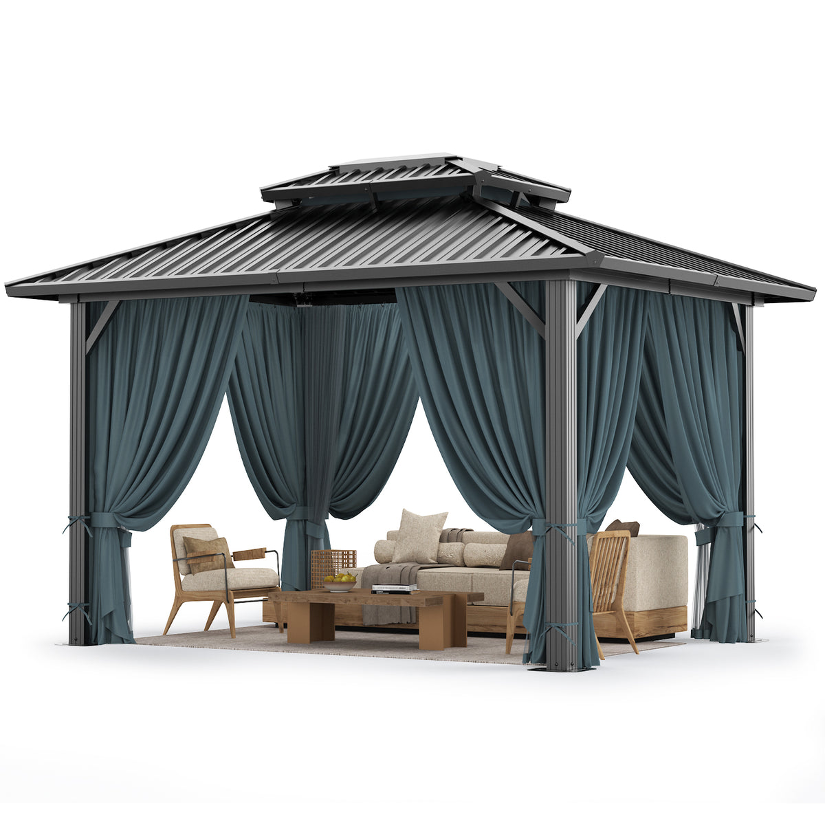 Hoteel 10'x12' Hardtop Gazebo, Outdoor Steel Double Galvanized Roof Canopy, Aluminum Frame Permanent Pavilion Metal Gazebo with Curtains and Nettings, Sunshade for Patios, Gardens, Lawns, Brown