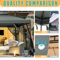 COBIZI 10x13 Outdoor Gazebo, Garden Tent for Patio Canopy with Leaf Screen Steel Frame and Mosquito Netting, Double Roof Canopy Tent for Deck, Backyard, Garden and Lawns, Khaki