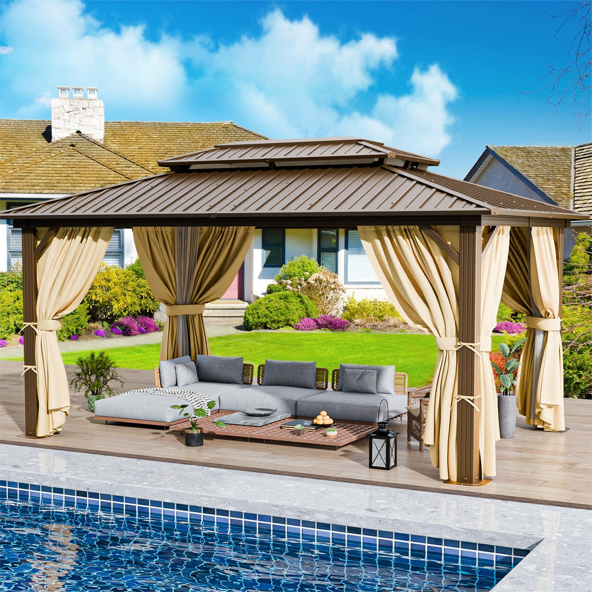 HOTEEL 10'x15' Hardtop Gazebo, Outdoor Steel Double Galvanized Roof Canopy, Aluminum Frame Permanent Pavilion Metal Gazebo with Curtains and Nettings, Sunshade for Patios, Gardens, Lawns, Brown