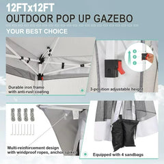COBIZI 12x12 Outdoor Gazebo Pop Up Gazebo Canopy with Mosquito Netting Patio Tent Backyard Canopy with 2-Tiered Vented Top 3 Adjustable Height, Gray