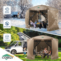 HOTEEL 12x12 Outdoor Pop Up Gazebo Tents, Portable Hub Gazebo Screen Canopy Tent with 6 Mosquito Nettings, Sidewalls, Wind Panels for Shade and Rain for Lawn, Garden, Backyard & Deck, Khaki