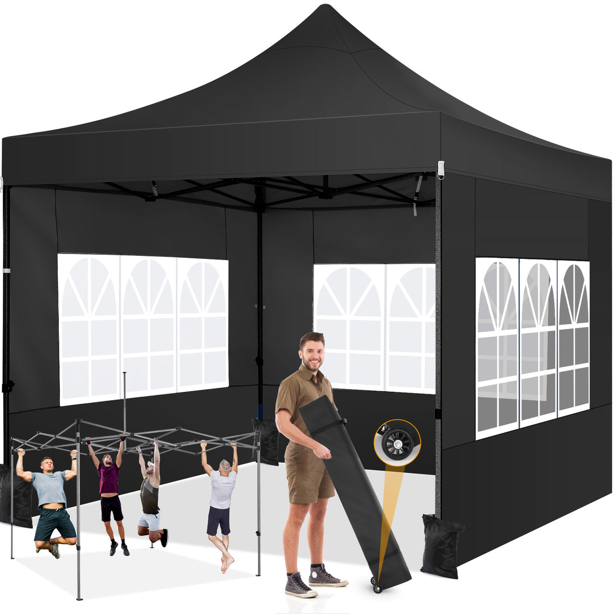 COBIZI 10'x10' Pop Up Canopy Tent with 4 sidewalls Commercial Heavy Duty Canopy UPF 50+ All Weather Waterproof Outdoor Canopy Wedding Tents for Parties Gazebo with Roller Bag, Black (Windproof Upgraded)
