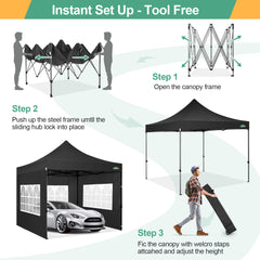 COBIZI 10x10 Heavy Duty Canopy Tent with 4 Sidewalls,Pop up Commercial Gazebo, Waterproof Outdoor Tents with Roller Bag, Black