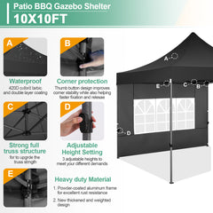 COBIZI 10x10 Heavy Duty Canopy Tent with 4 Sidewalls,Pop up Commercial Gazebo, Waterproof Outdoor Tents with Roller Bag, Black